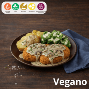 12 Hamburguesas crispys con salsa de champiñones, papas y brócoli