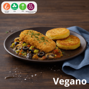 15 Pescado vegano a la provenzal con tortillas de papa y palmitos