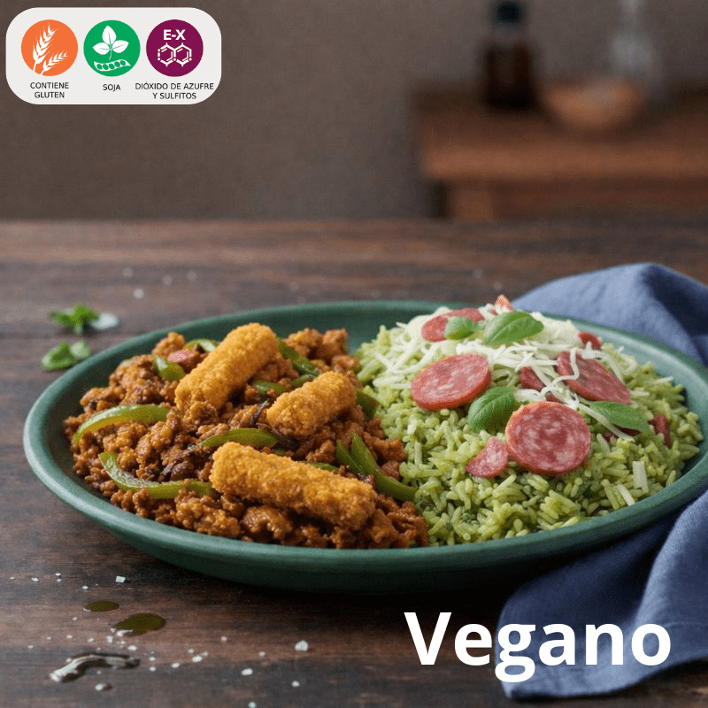 7 Pollo vegano y carve con arroz de albahaca y salami vegano