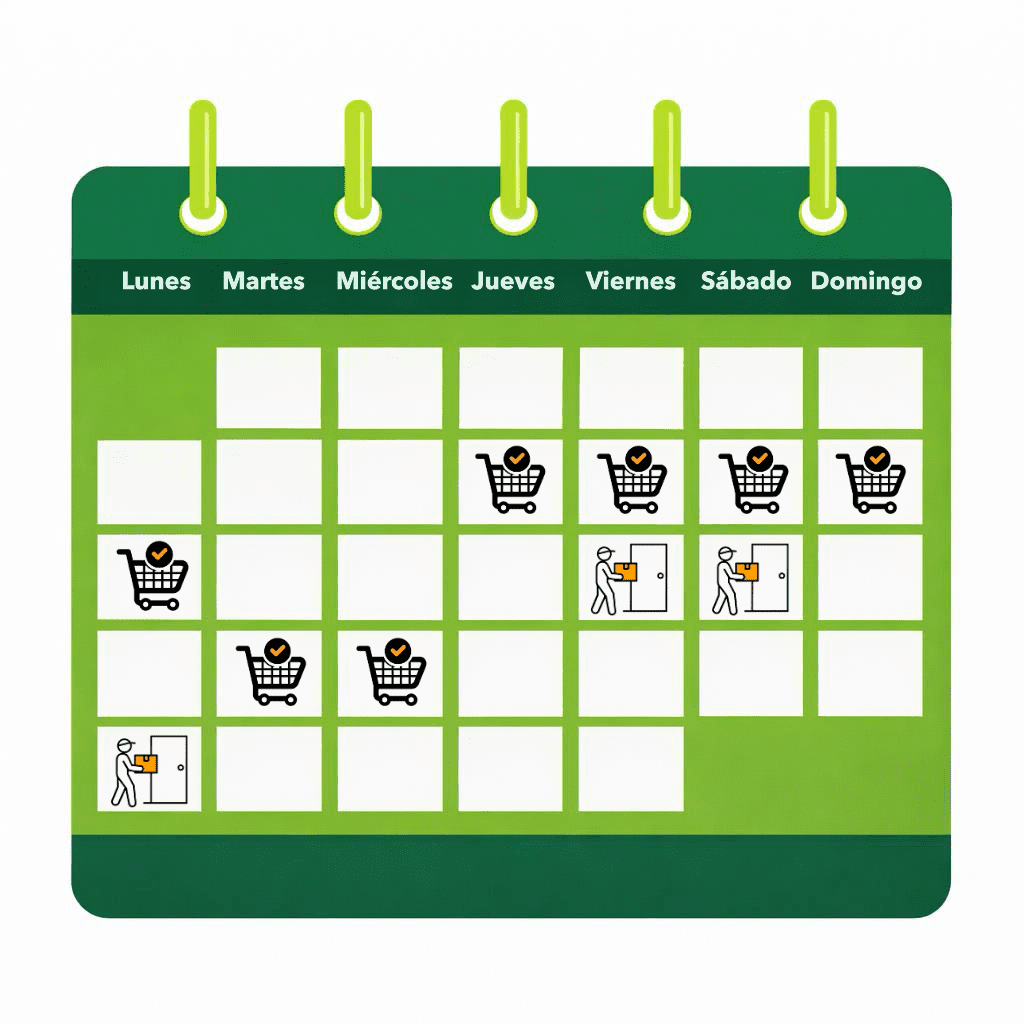 Infografía del sistema de envíos Green Bask: pedido → preparación fresca → refrigerado sellado al vacío → entrega semanal en Quito con cadena de frío